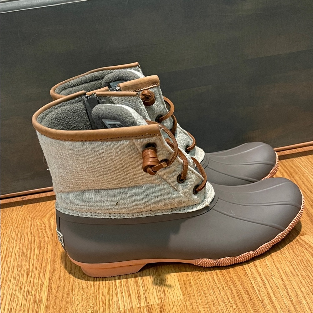 Gray and Tan Duck Boots